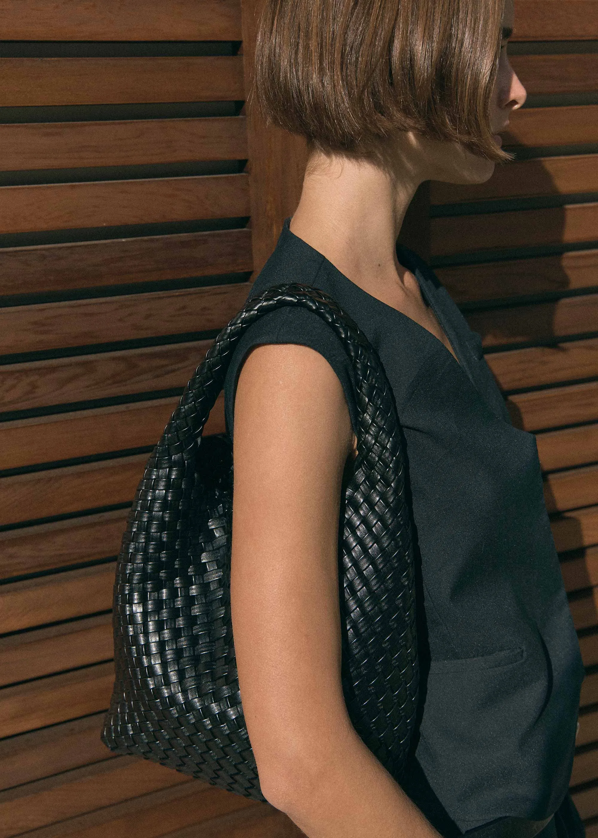 19.57 Black Recycled Alt-Leather Woven Small Tote