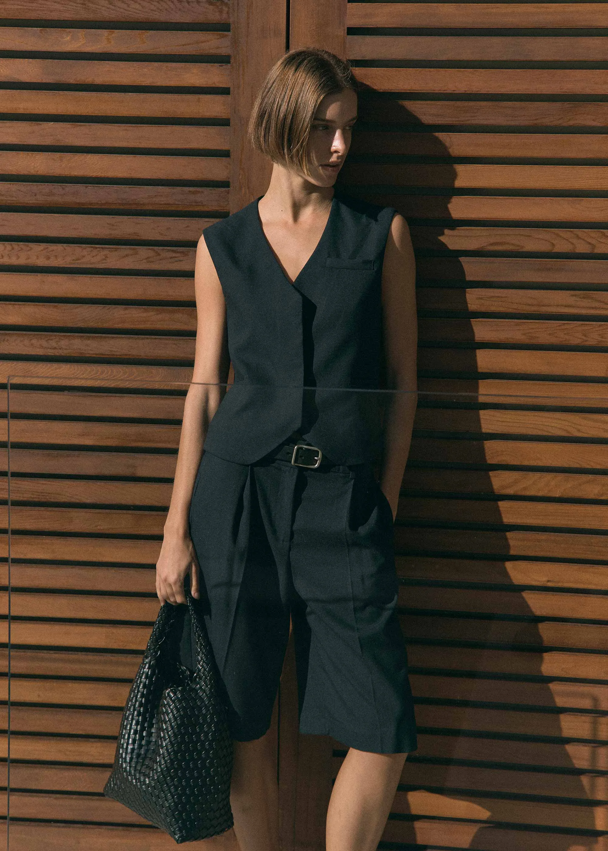 19.57 Black Recycled Alt-Leather Woven Small Tote