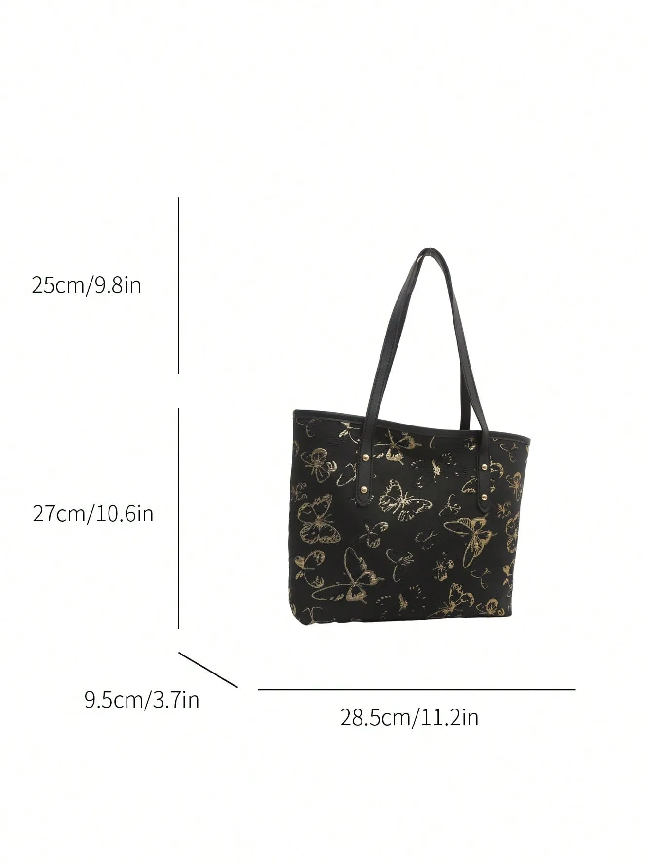 1pc Simple Black Nylon Butterfly Print Rivet Decor Large Capacity Tote Shoulder Handbag For Women
