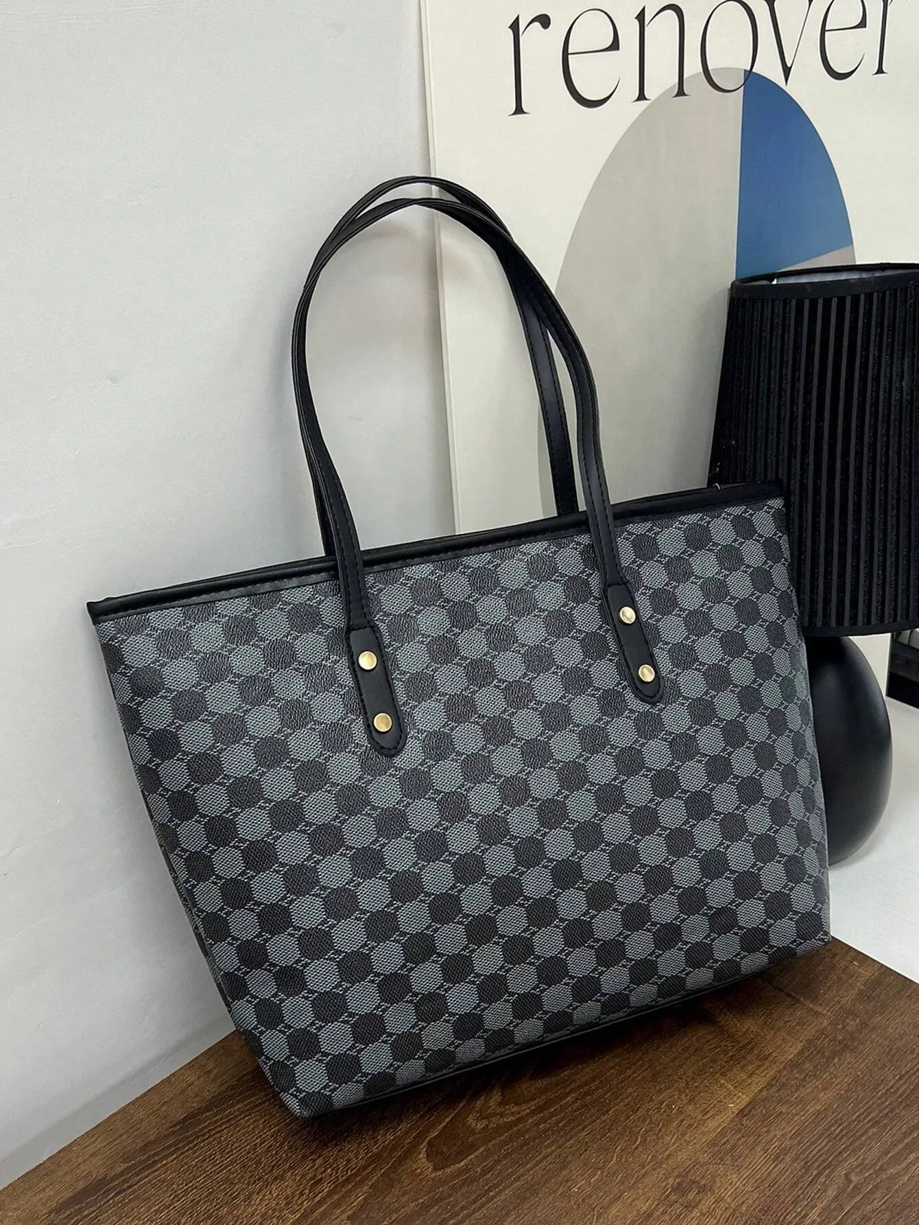 1pc Simple Black Nylon Butterfly Print Rivet Decor Large Capacity Tote Shoulder Handbag For Women