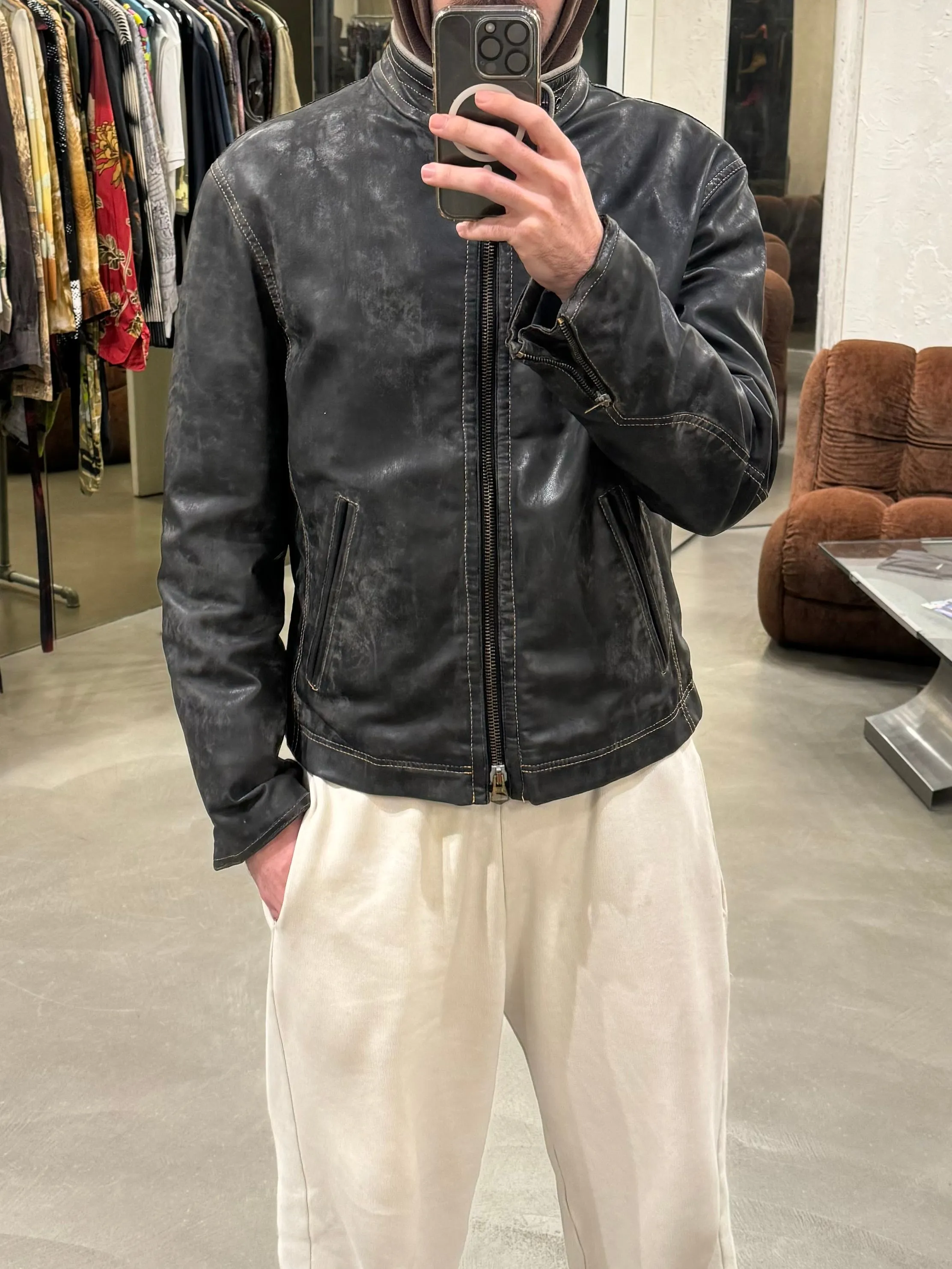 2000s Armani acid wash faded faux leather jacket