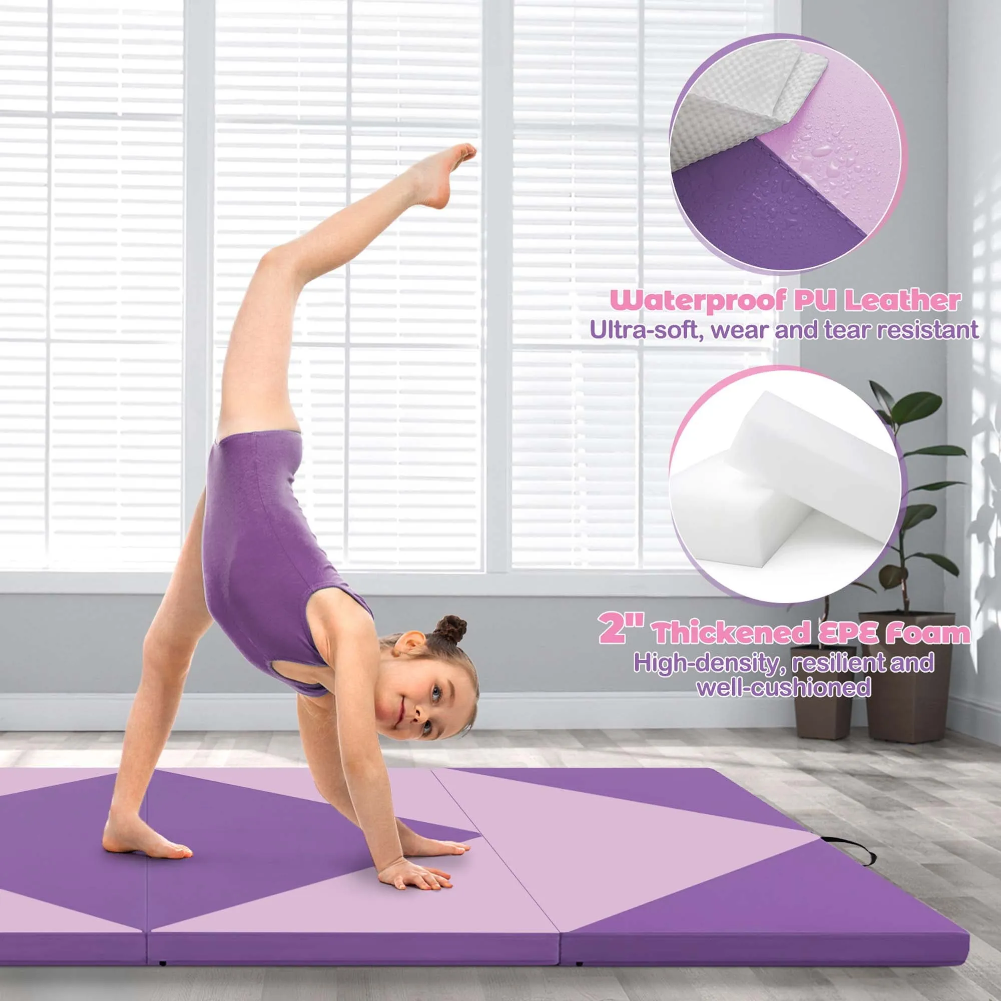 8' x 4' x 2'' PU Leather Tumbling Exercise Mat Yoga Gym Pink Purple