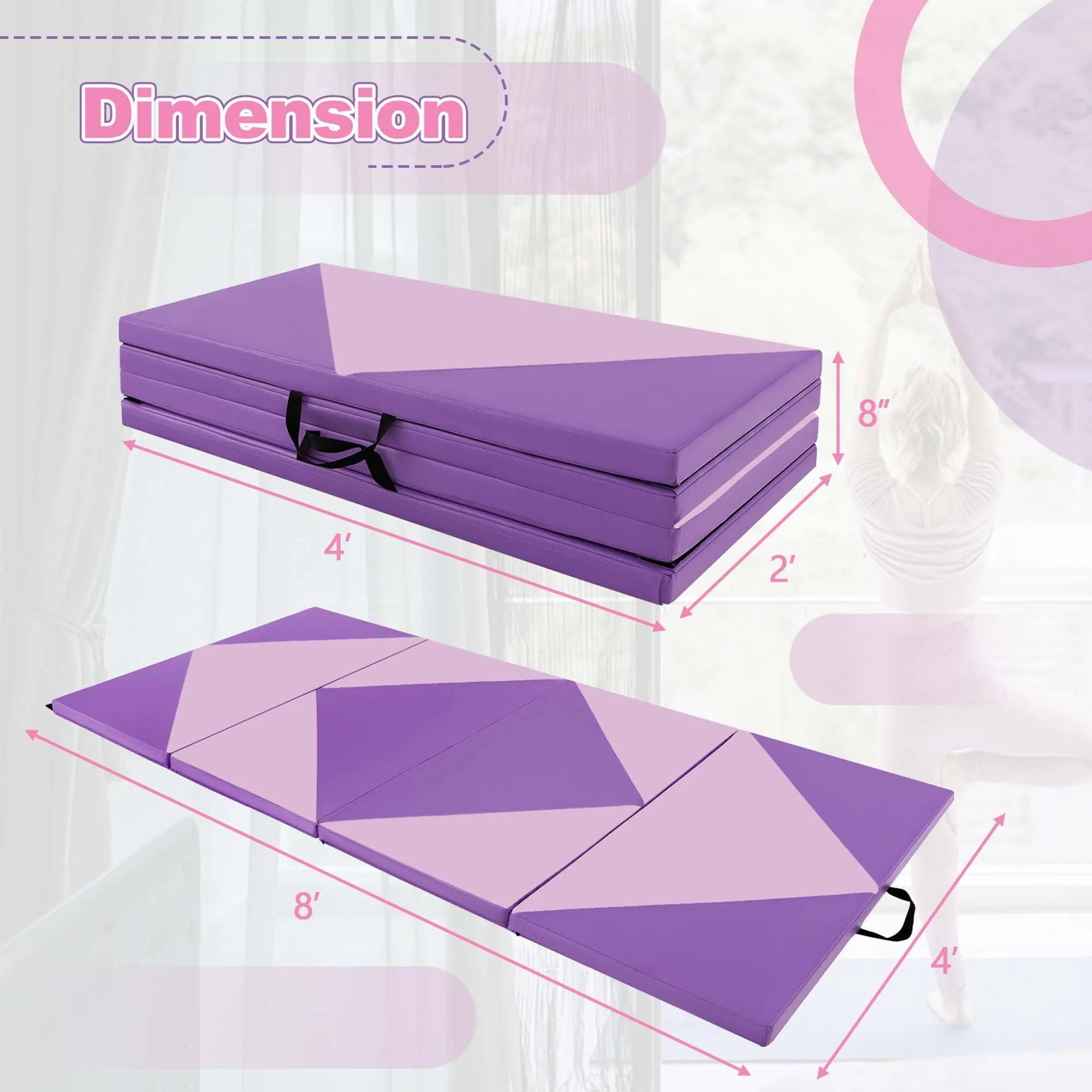 8' x 4' x 2'' PU Leather Tumbling Exercise Mat Yoga Gym Pink Purple