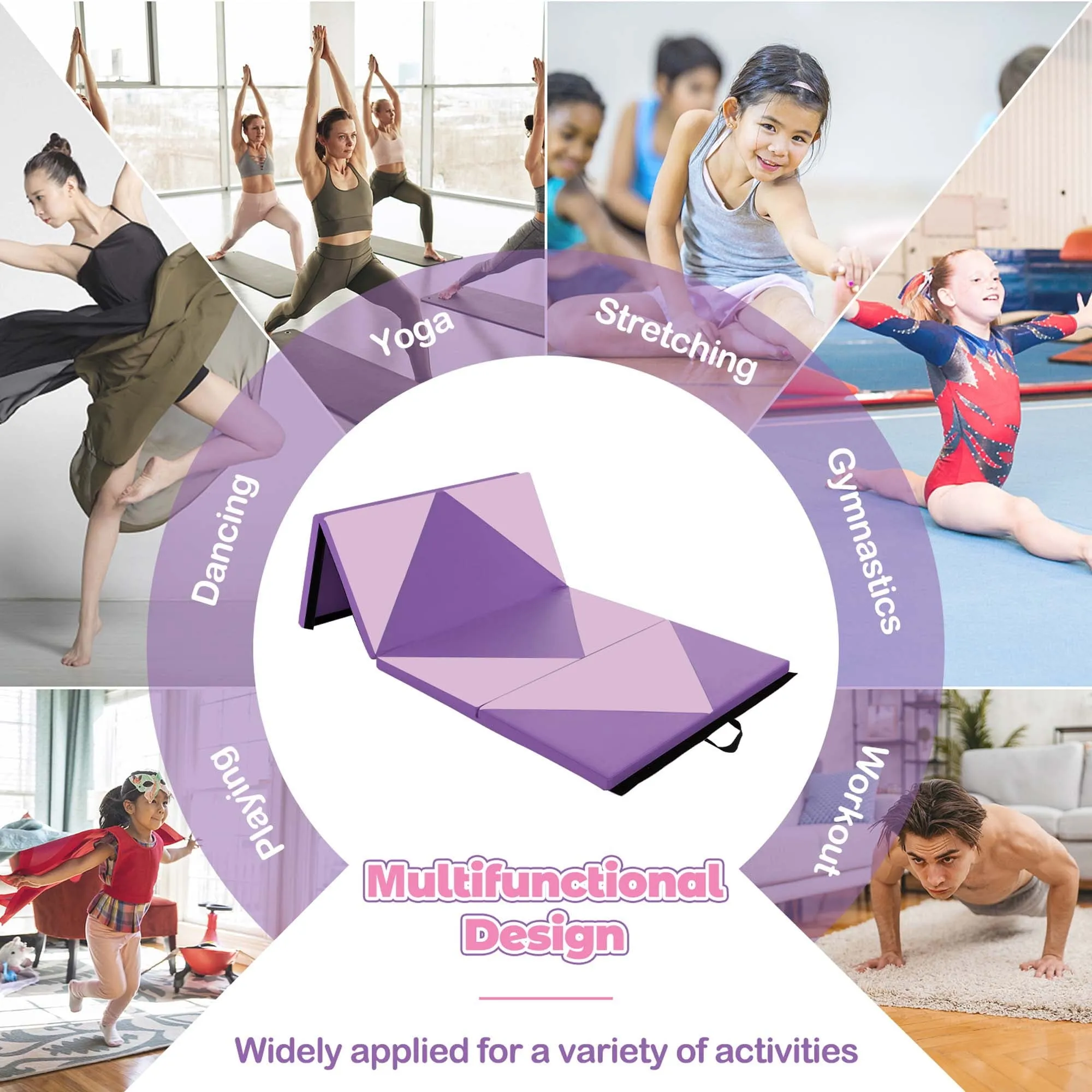 8' x 4' x 2'' PU Leather Tumbling Exercise Mat Yoga Gym Pink Purple