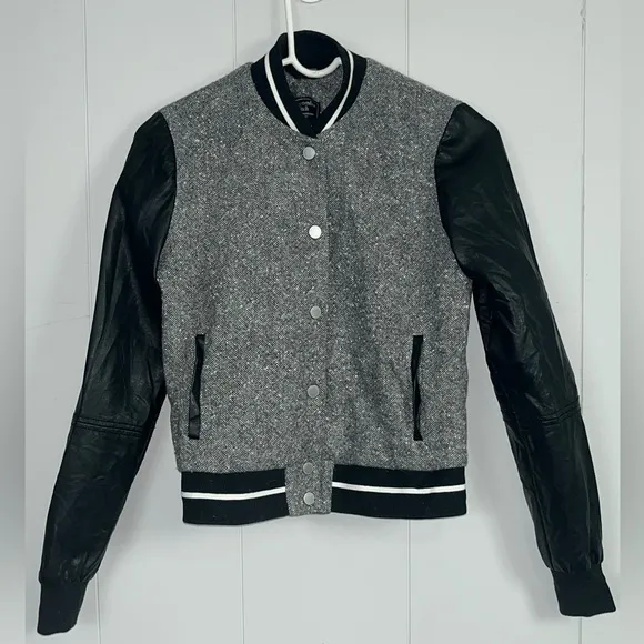 Abercrombie &amp; Fitch Heritage Wool Bomber Jacket Faux Leather Black Gray Size XS