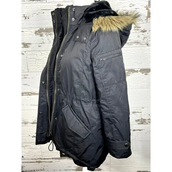 BANANA REPUBLIC Rain Resistant Faux Fur Down Hooded Parka Jacket Black Sz S EUC