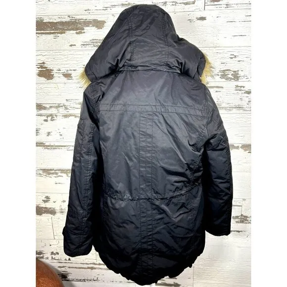 BANANA REPUBLIC Rain Resistant Faux Fur Down Hooded Parka Jacket Black Sz S EUC
