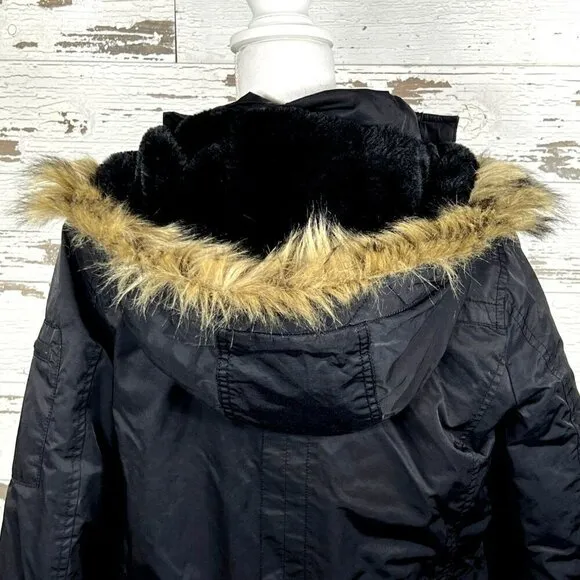 BANANA REPUBLIC Rain Resistant Faux Fur Down Hooded Parka Jacket Black Sz S EUC