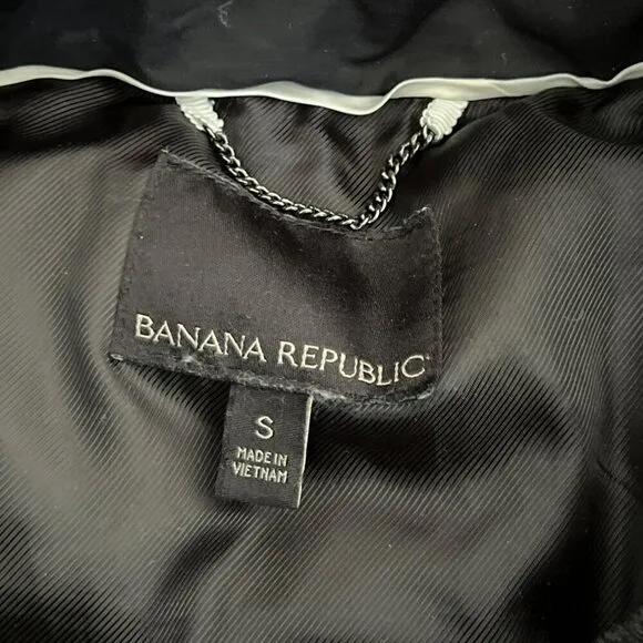 BANANA REPUBLIC Rain Resistant Faux Fur Down Hooded Parka Jacket Black Sz S EUC