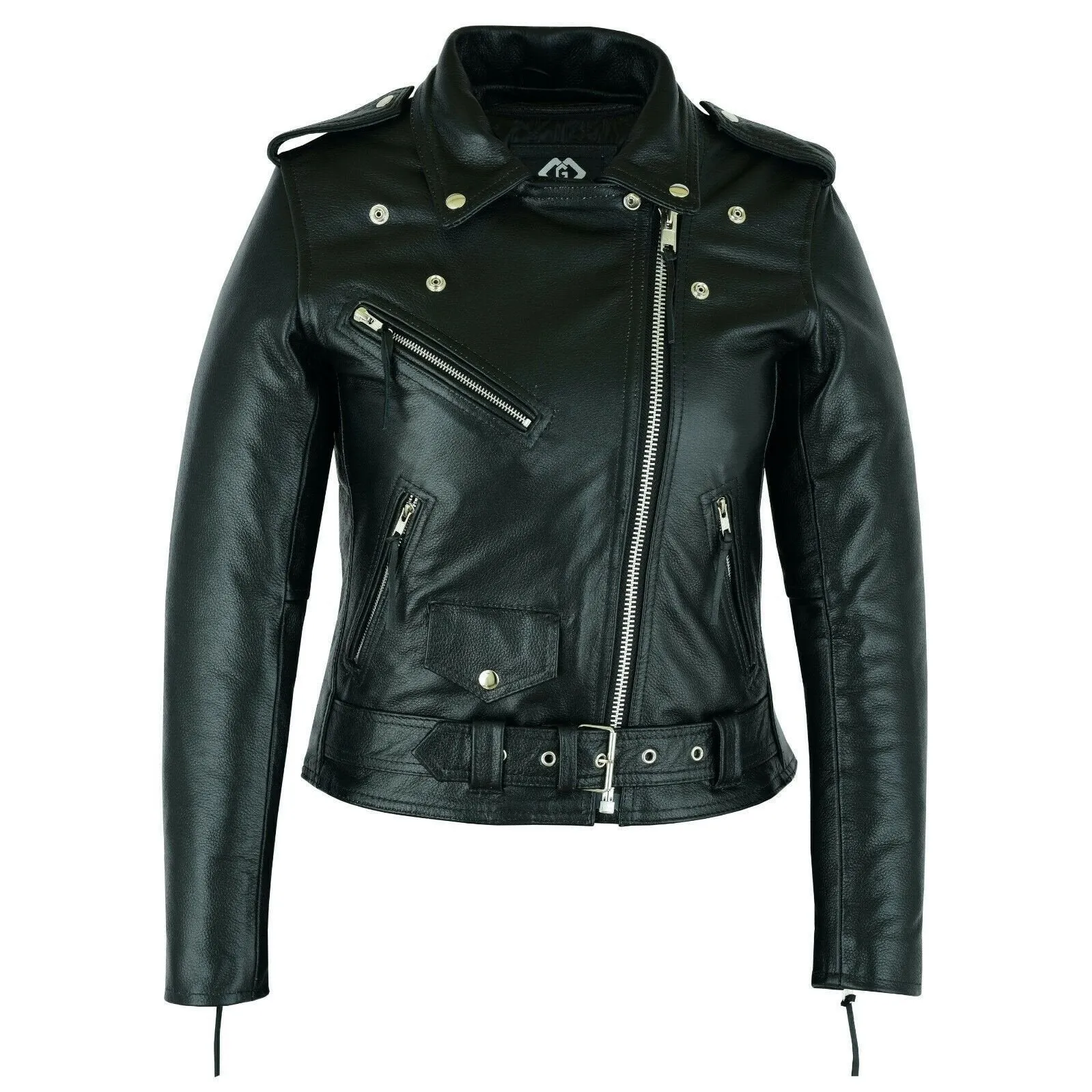 Black Classic Womens Brando Motorcycle Leather Jacket Ladies Biker Cowhide