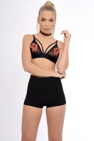 Black Mesh Harness Bralet Red Embroidery - Alina