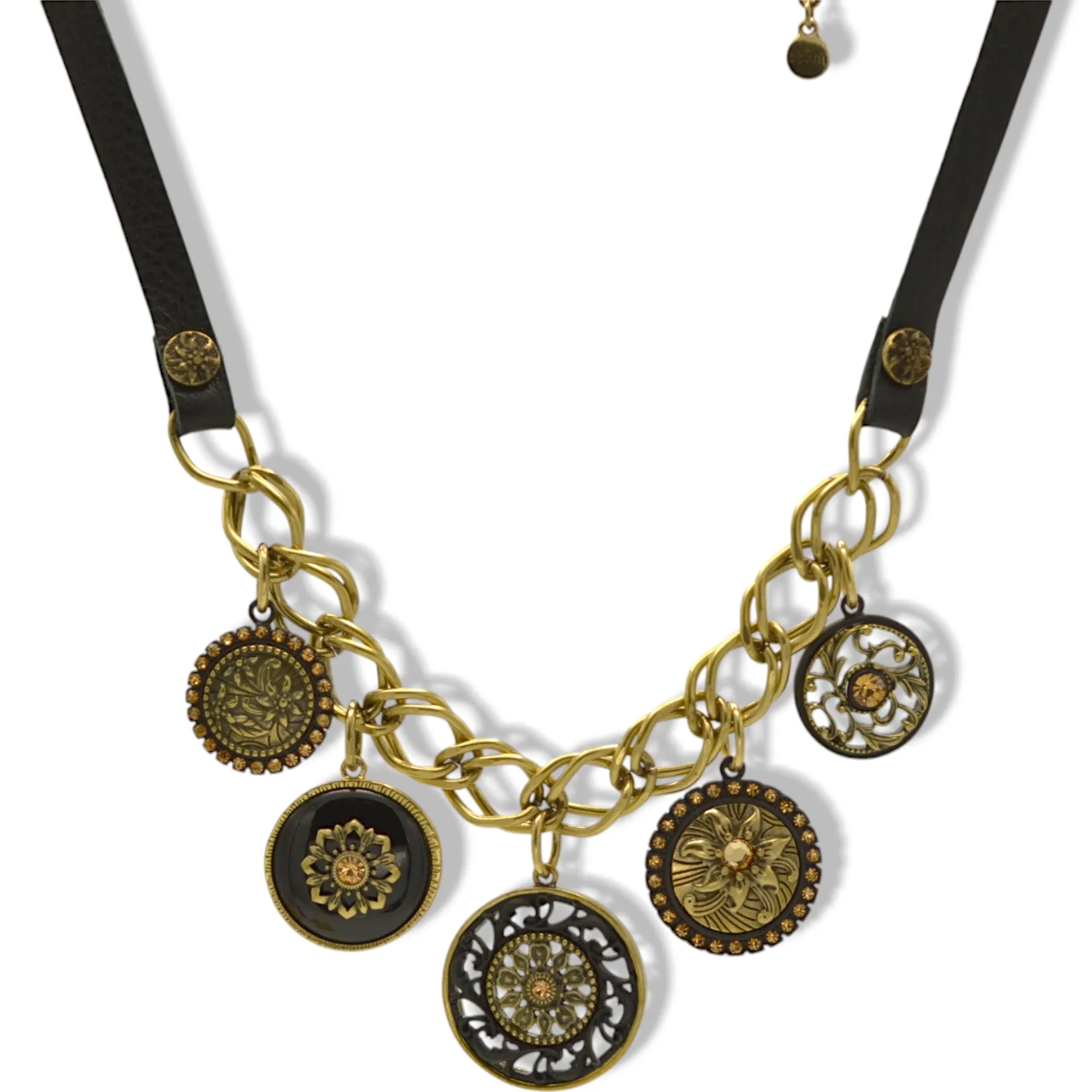 Black Metal Necklace with Leather Strap, Gold Oxidized Charms, and Filigree Crystal Pendant#275GD1301 (7D2/6D2)