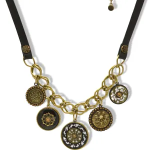 Black Metal Necklace with Leather Strap, Gold Oxidized Charms, and Filigree Crystal Pendant#275GD1301 (7D2/6D2)