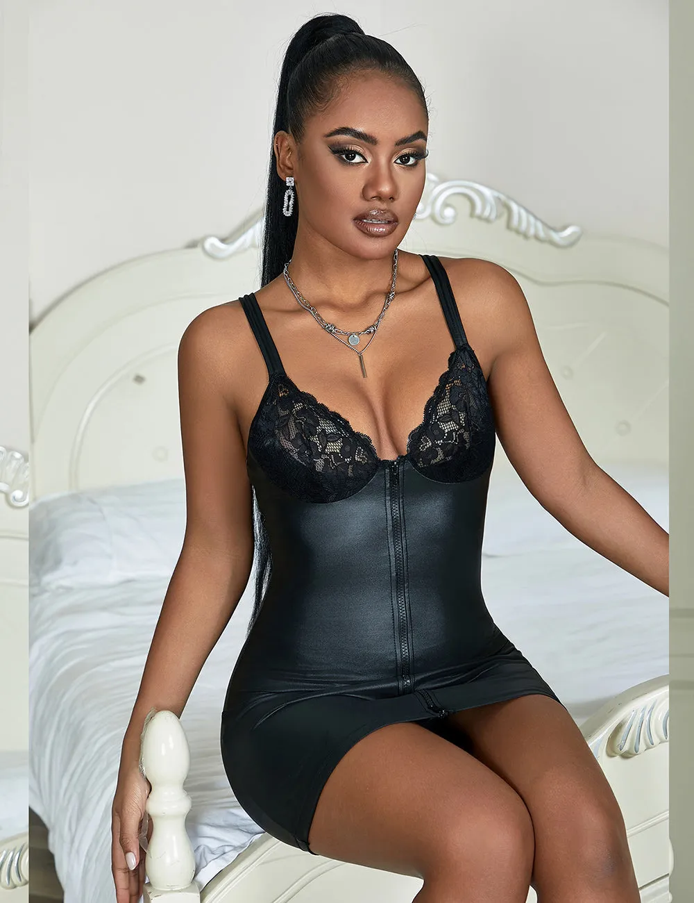 Black Sexy Zippered Faux Leather Bodycon Dress