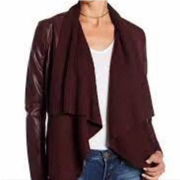 Blank NYC Plum Purple Brown Ribbed Knit &amp; Faux Leather Jacket Size Medium