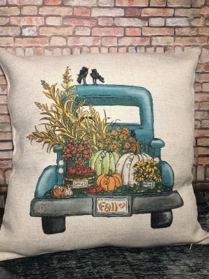 Blue Fall Truck Pillow Decor