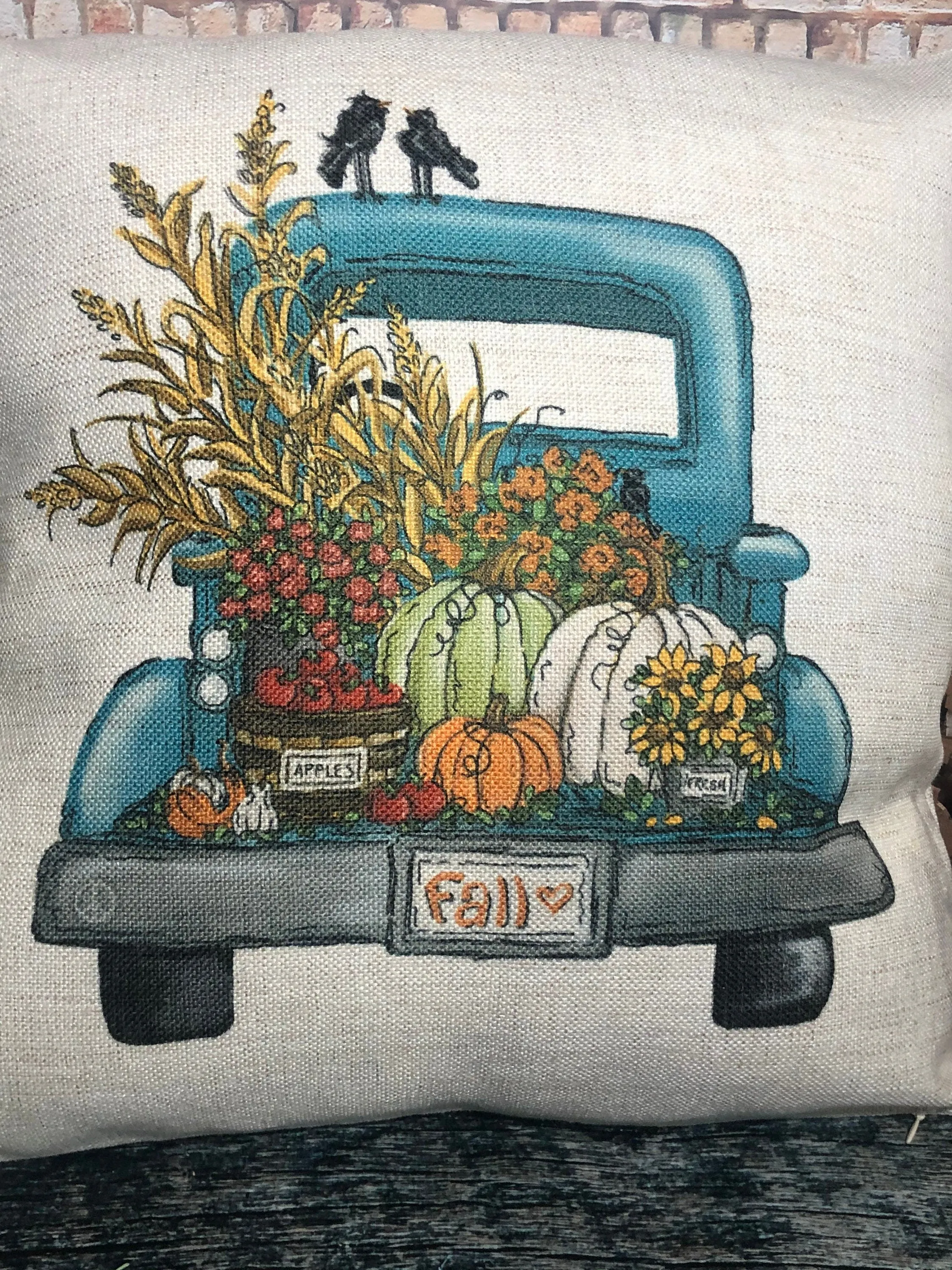 Blue Fall Truck Pillow Decor