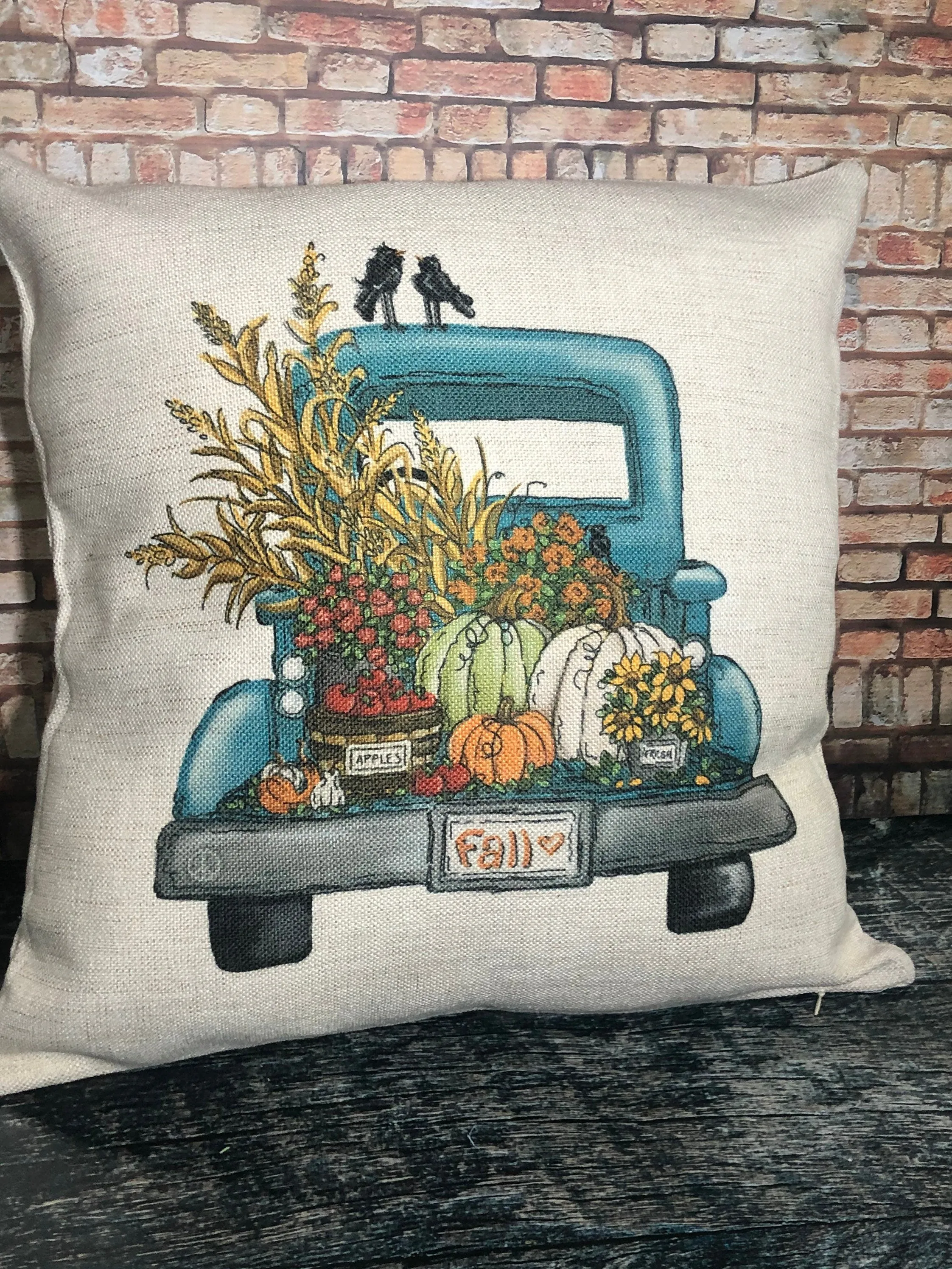 Blue Fall Truck Pillow Decor