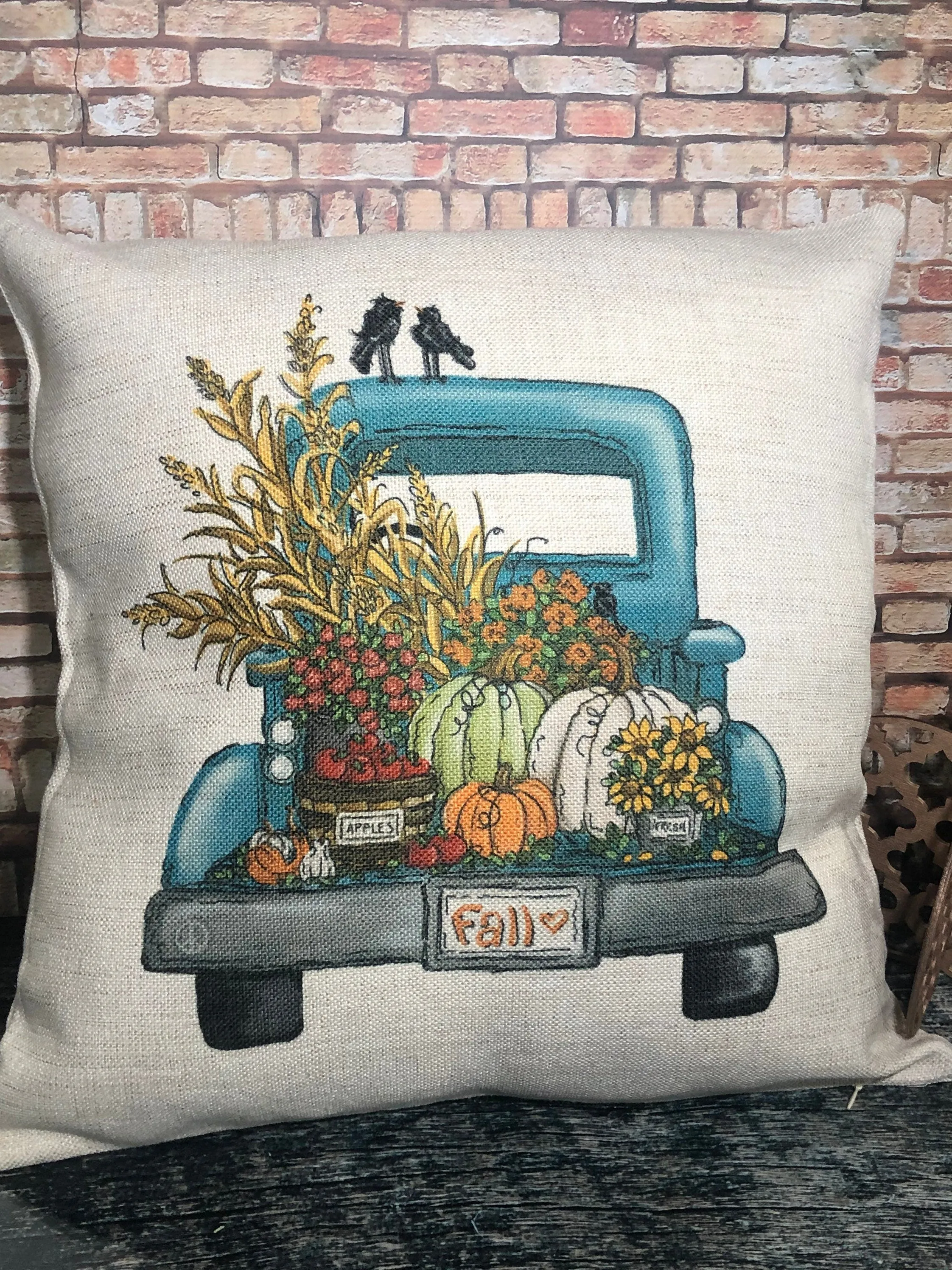 Blue Fall Truck Pillow Decor