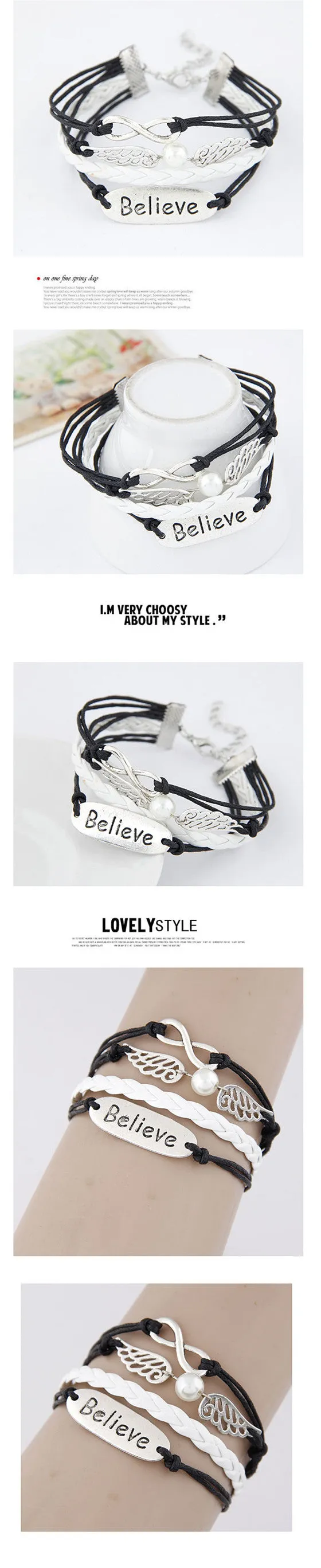 Brand new BELIEVE THEME ANGEL WING AND INFINITY SIGN PENDANTS B BRACELET Leather Braided Bracelet. Material: Alloy, PU Leather, Wax String. Size: Length is about 17cm-22cm