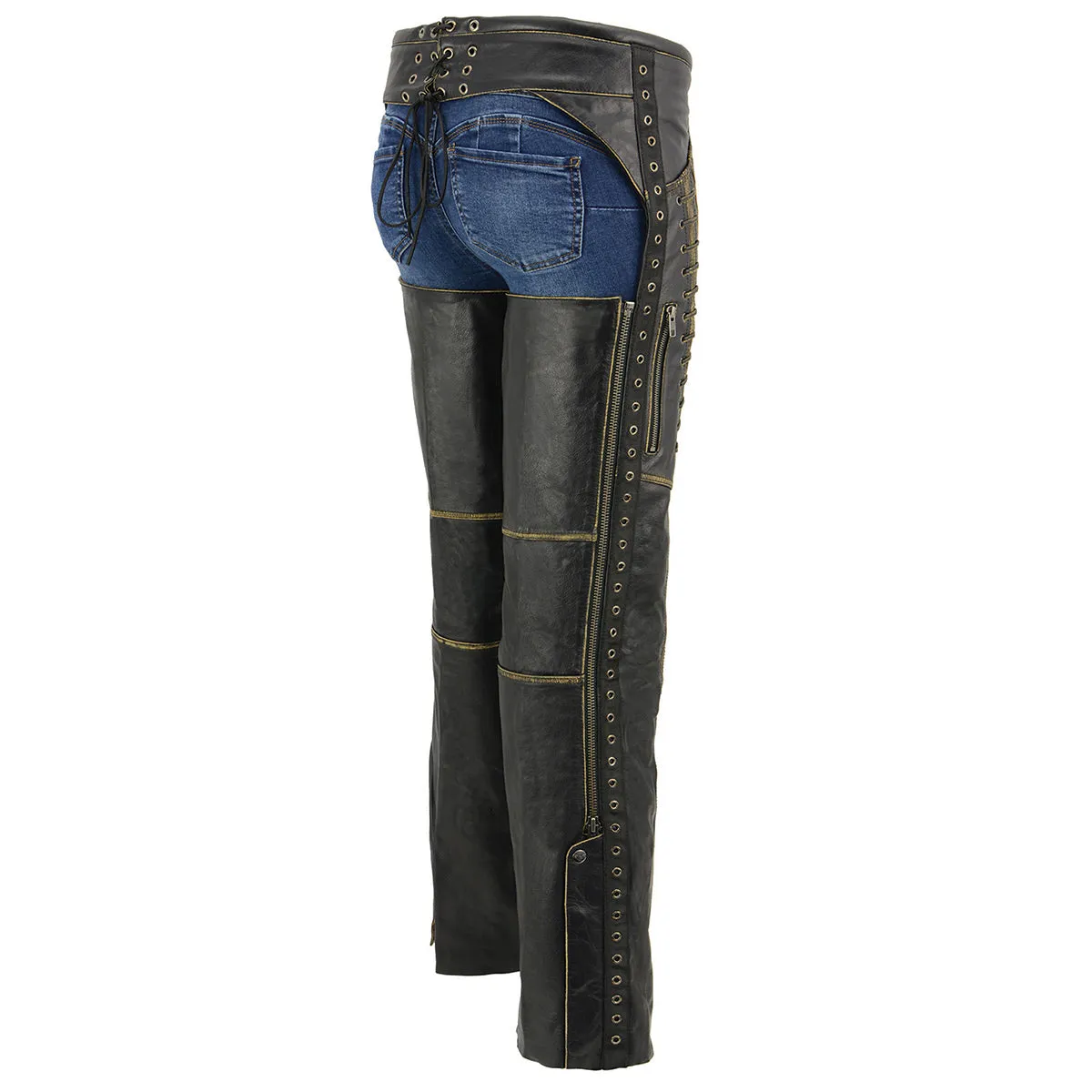 BROWN MLL6527 Chaps for Women Black Premium Skin Rubbed Seams- Accented Lace Detailing Motorcycle Chap