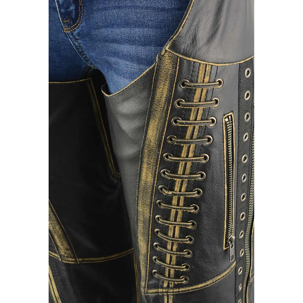 BROWN MLL6527 Chaps for Women Black Premium Skin Rubbed Seams- Accented Lace Detailing Motorcycle Chap