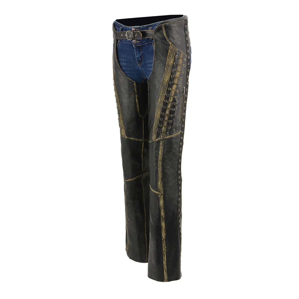 BROWN MLL6527 Chaps for Women Black Premium Skin Rubbed Seams- Accented Lace Detailing Motorcycle Chap