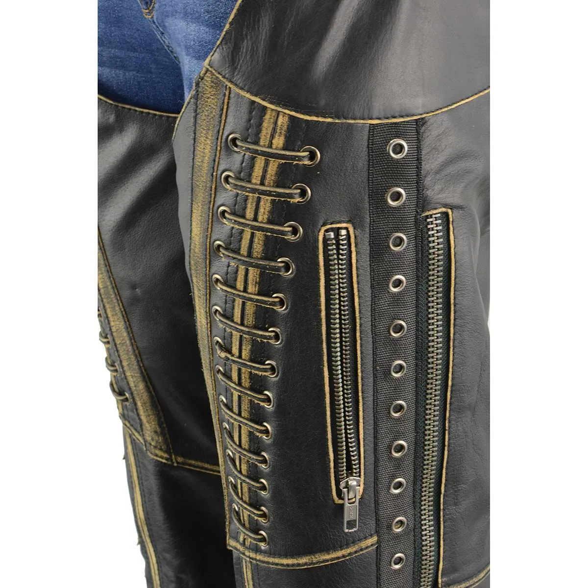 BROWN MLL6527 Chaps for Women Black Premium Skin Rubbed Seams- Accented Lace Detailing Motorcycle Chap
