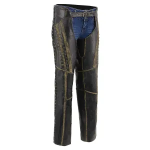 BROWN MLL6527 Chaps for Women Black Premium Skin Rubbed Seams- Accented Lace Detailing Motorcycle Chap