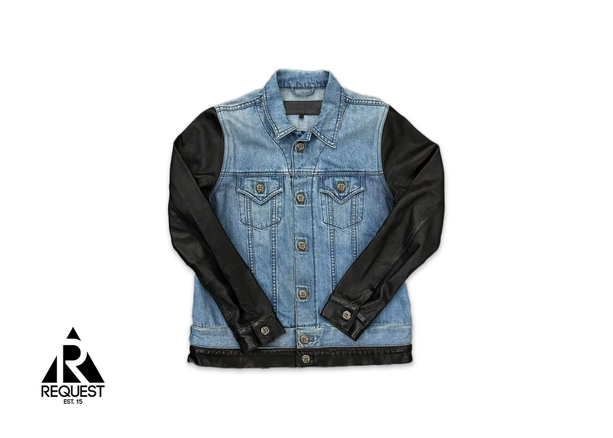 Button Up Faux Leather Sleeve Jacket "Light Wash"