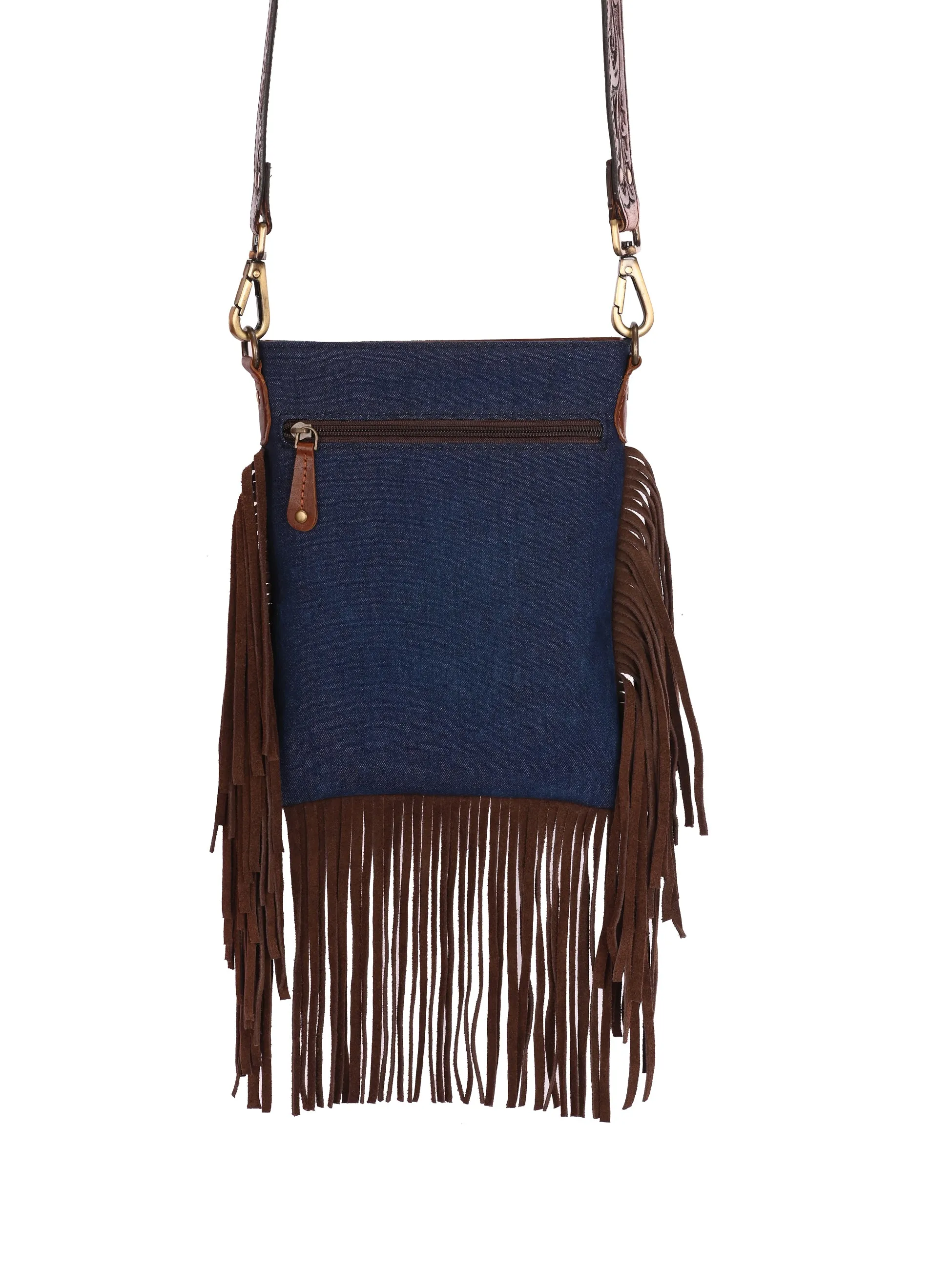 Carlo Romano By Wasan Blue Tan color Stylish &amp; Functional Accessory Premium Denim with tassel of Suede Leather Hand Bags For Women