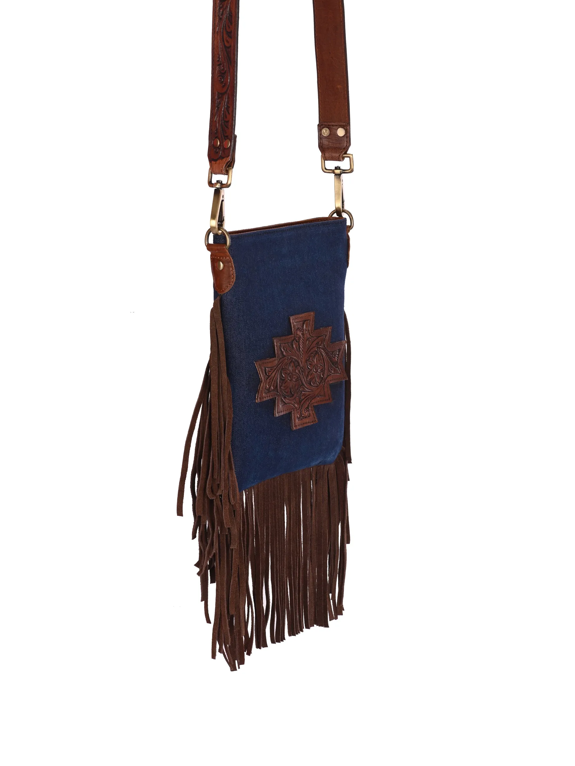 Carlo Romano By Wasan Blue Tan color Stylish &amp; Functional Accessory Premium Denim with tassel of Suede Leather Hand Bags For Women