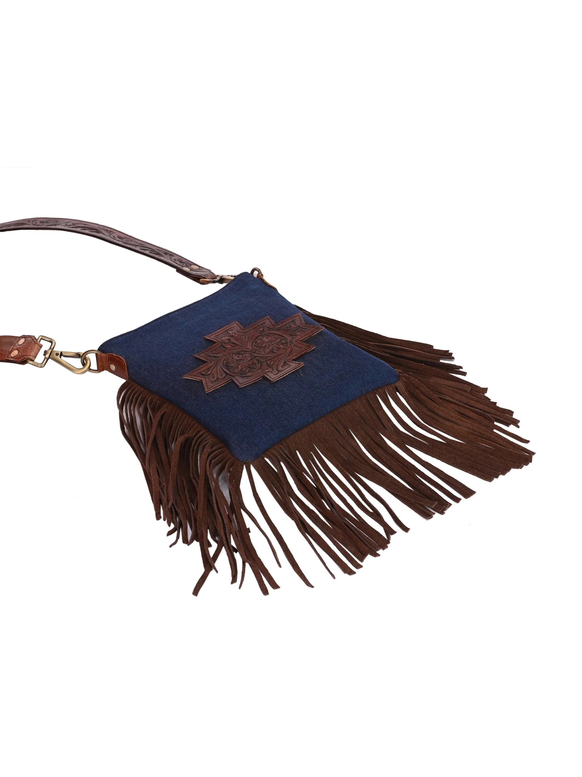 Carlo Romano By Wasan Blue Tan color Stylish &amp; Functional Accessory Premium Denim with tassel of Suede Leather Hand Bags For Women
