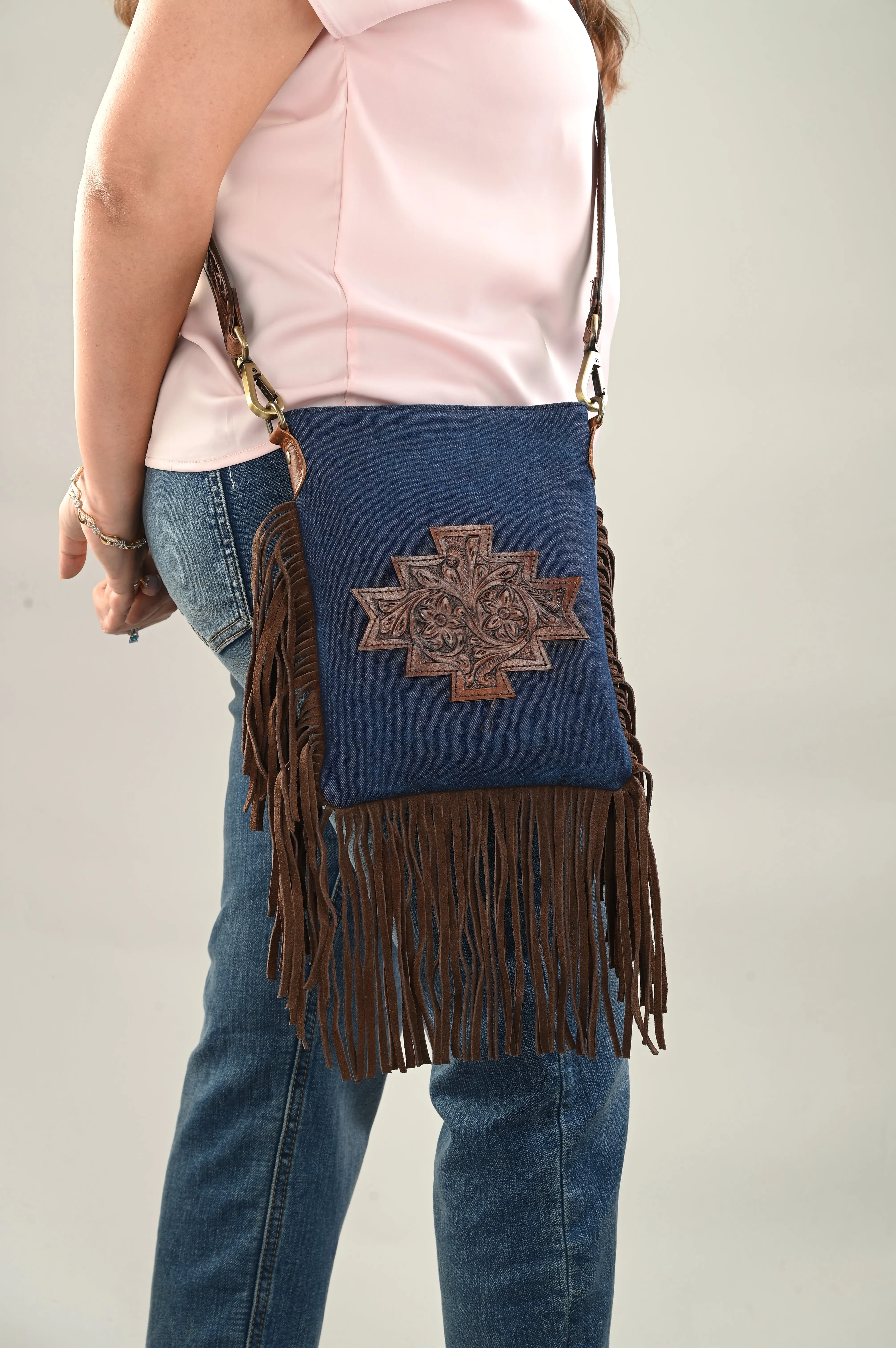 Carlo Romano By Wasan Blue Tan color Stylish &amp; Functional Accessory Premium Denim with tassel of Suede Leather Hand Bags For Women