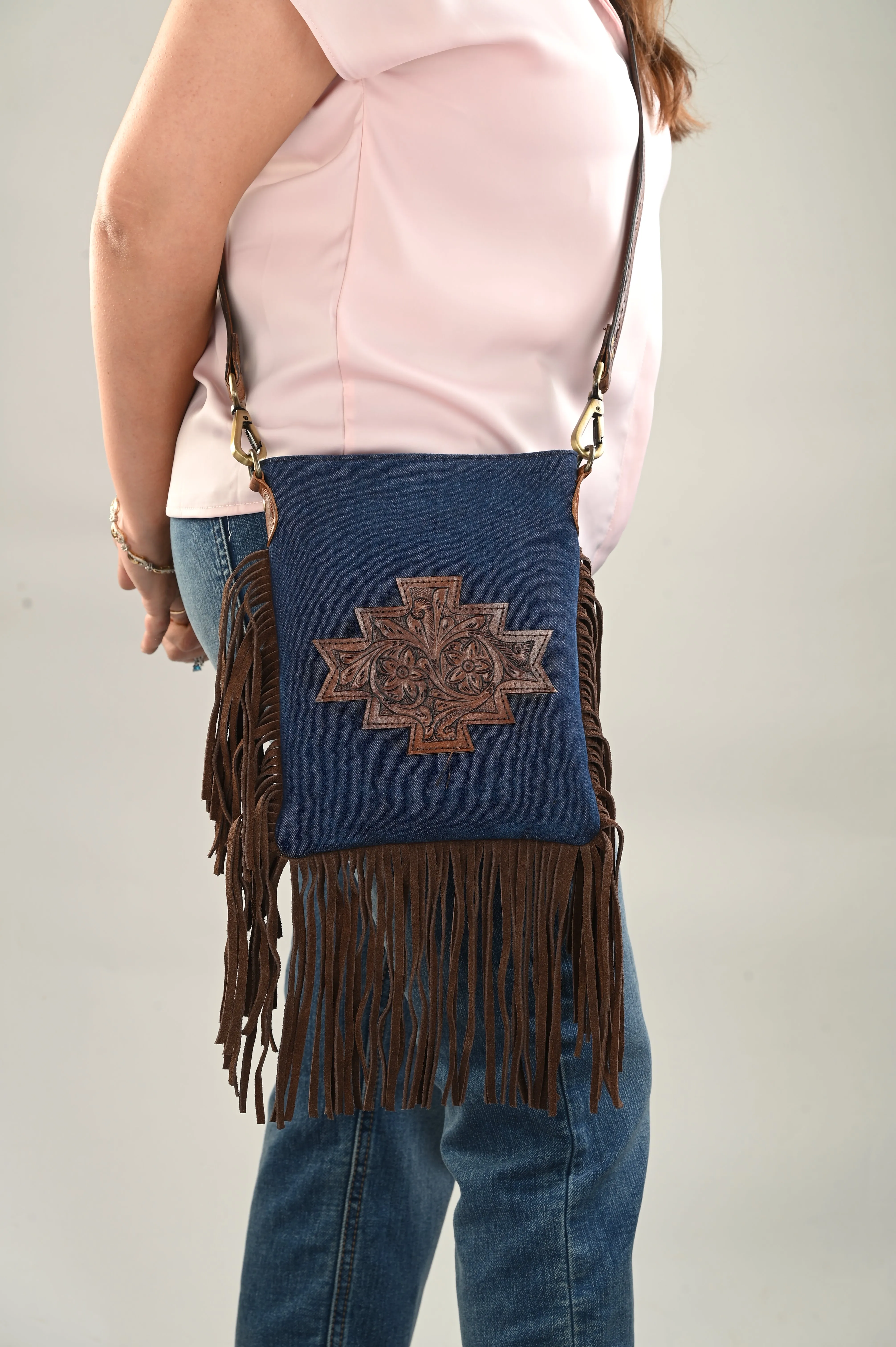 Carlo Romano By Wasan Blue Tan color Stylish &amp; Functional Accessory Premium Denim with tassel of Suede Leather Hand Bags For Women