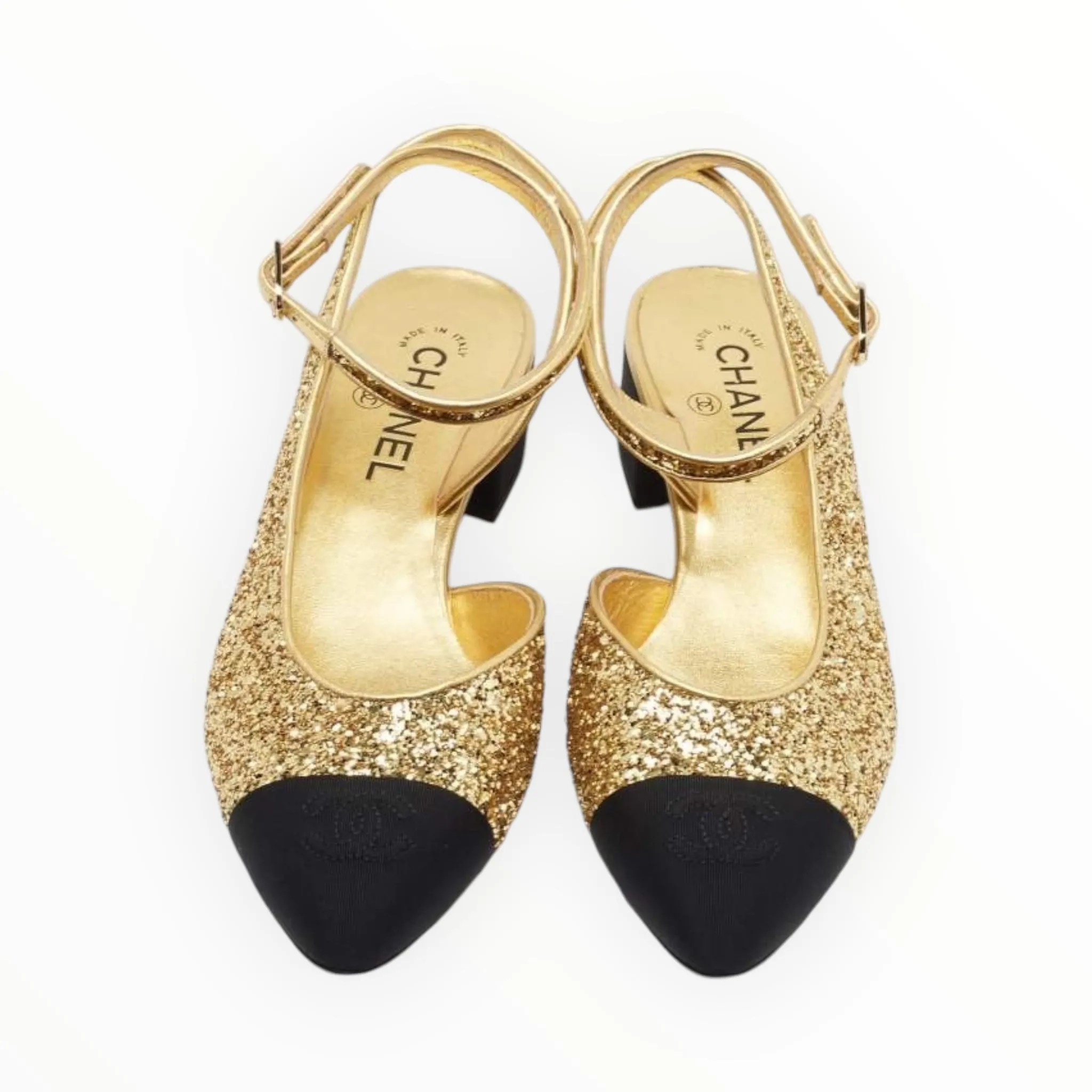 Chanel Coarse Glitter  Slingback Pumps Gold/Black- Size 37