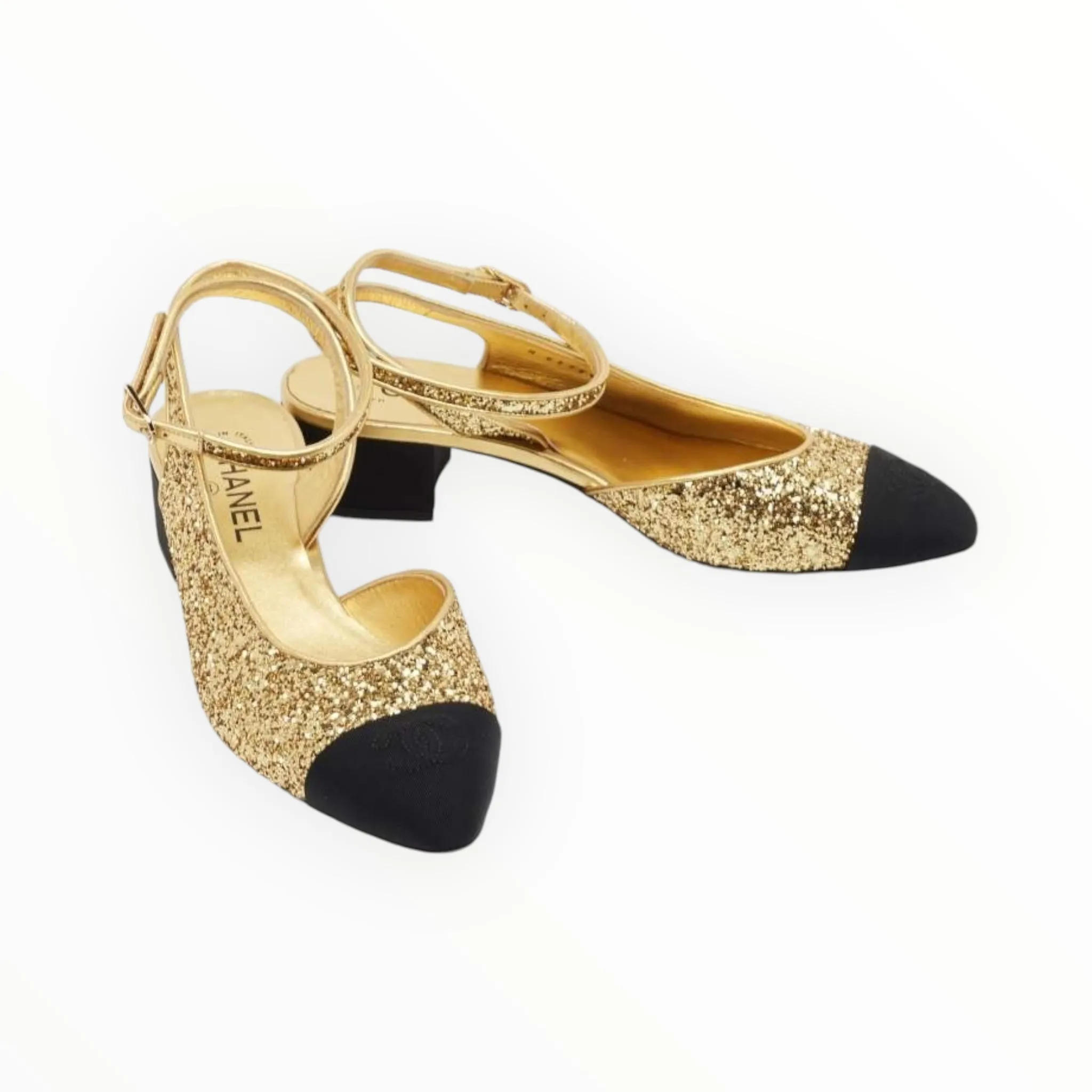 Chanel Coarse Glitter  Slingback Pumps Gold/Black- Size 37