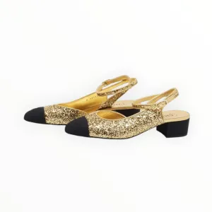 Chanel Coarse Glitter  Slingback Pumps Gold/Black- Size 37
