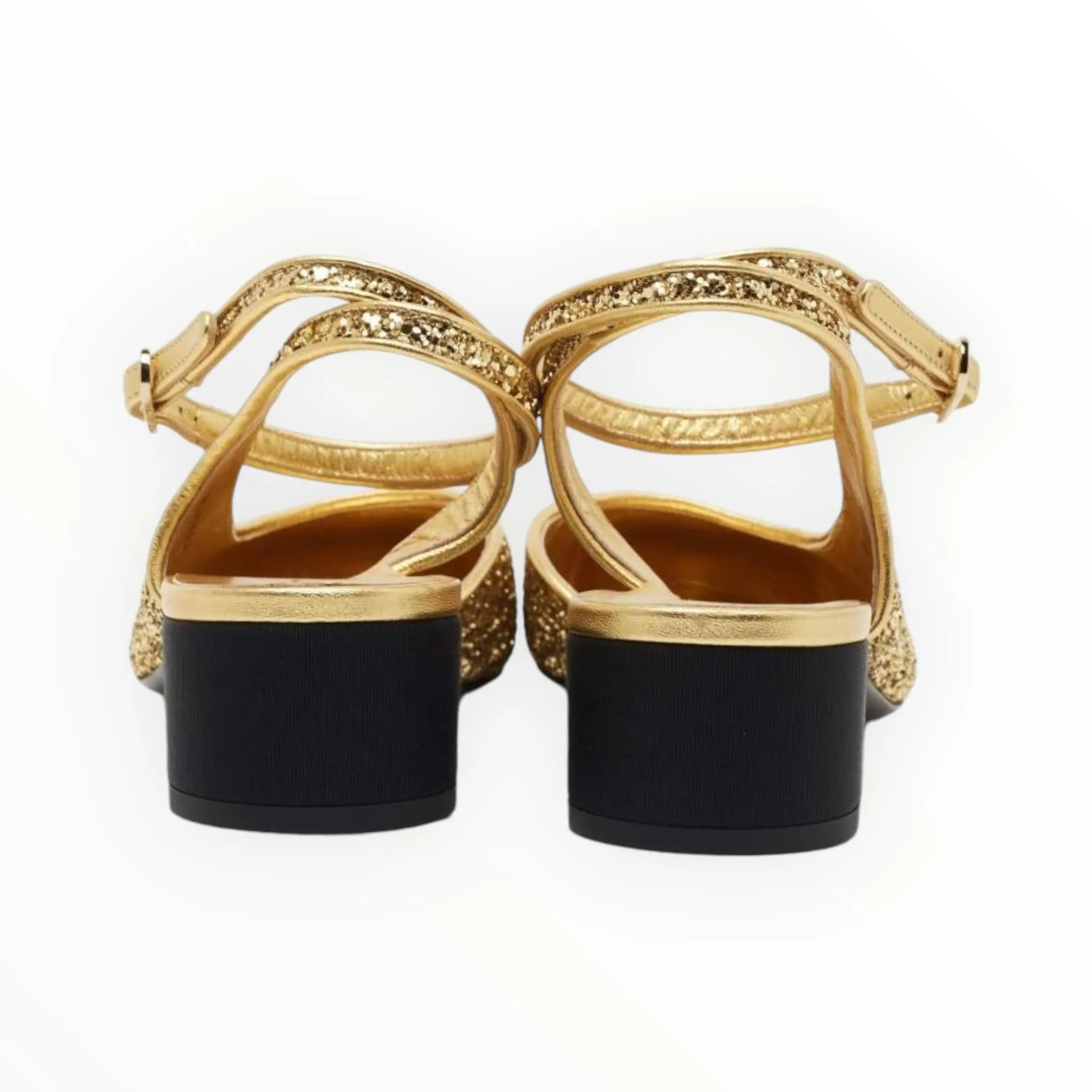 Chanel Coarse Glitter  Slingback Pumps Gold/Black- Size 37