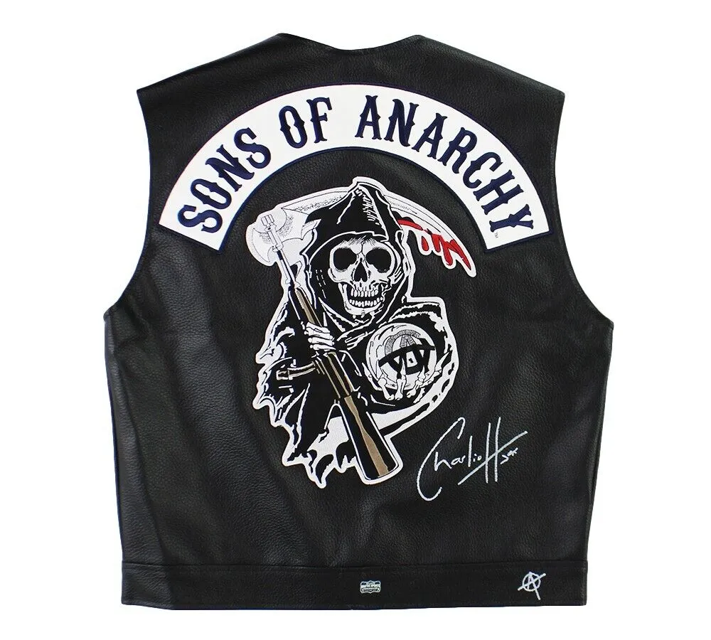 Charlie Hunnam Signed Sons Of Anarchy Black Faux Leather Biker Vest with Reaper