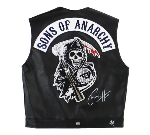 Charlie Hunnam Signed Sons Of Anarchy Black Faux Leather Biker Vest with Reaper