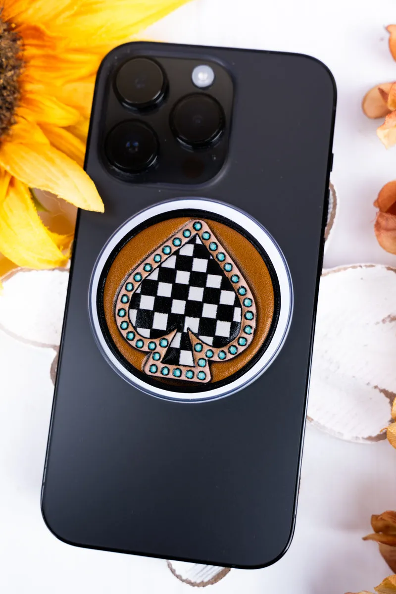 Checkered Spade Faux Leather Magnetic Phone Grip & Stand