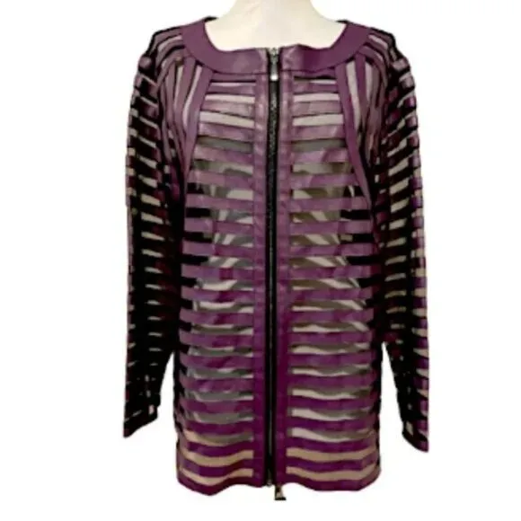 Chicos Travelers Purple Faux Leather Stripe Black Mesh Dress Mod Duster Jacket L