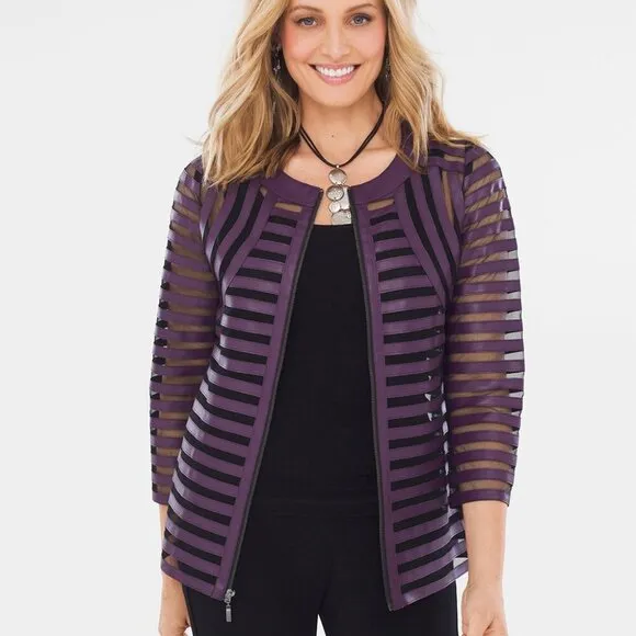 Chicos Travelers Purple Faux Leather Stripe Black Mesh Dress Mod Duster Jacket L
