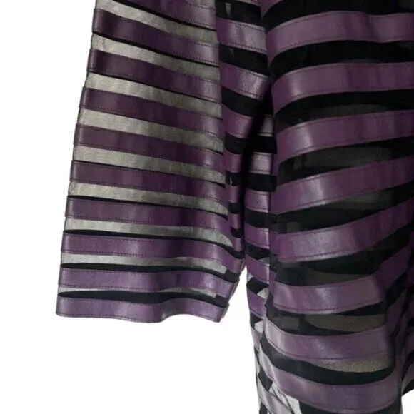 Chicos Travelers Purple Faux Leather Stripe Black Mesh Dress Mod Duster Jacket L