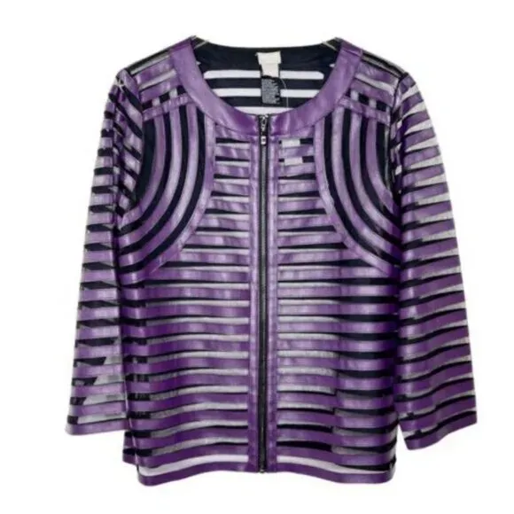 Chicos Travelers Purple Faux Leather Stripe Black Mesh Dress Mod Duster Jacket L