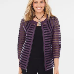 Chicos Travelers Purple Faux Leather Stripe Black Mesh Dress Mod Duster Jacket L