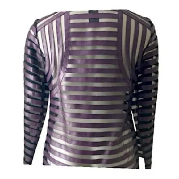 Chicos Travelers Purple Faux Leather Stripe Black Mesh Dress Mod Duster Jacket L