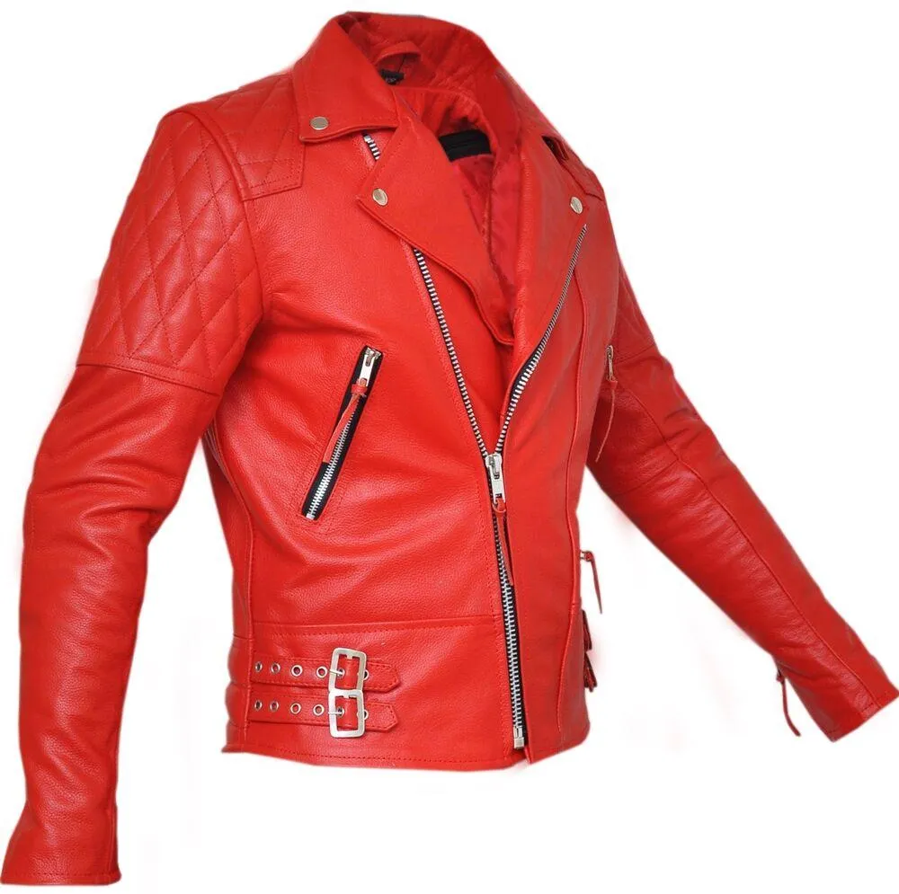Classic Diamond Bright Red Armoured Motorcycle Biker Leather Jacket