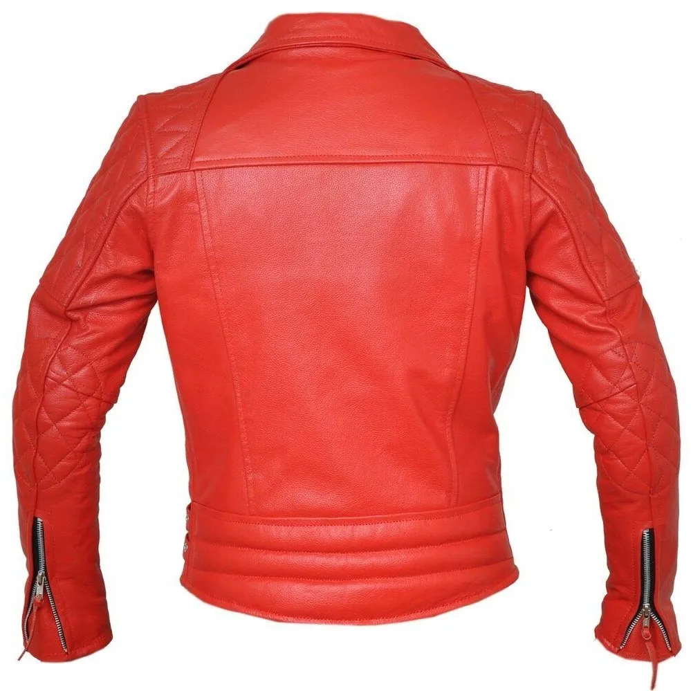 Classic Diamond Bright Red Armoured Motorcycle Biker Leather Jacket